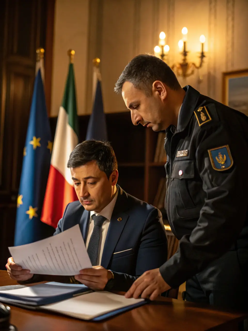 An immigration officer reviewing documents with a client, with European flags in the background, representing visa and document support.