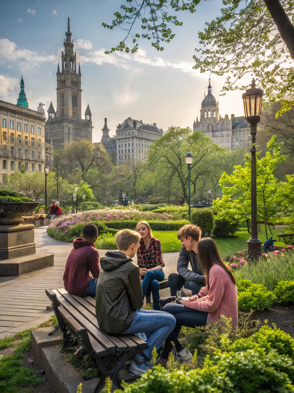A group of newcomers receiving orientation in a European city park, symbolizing cultural and integration support.