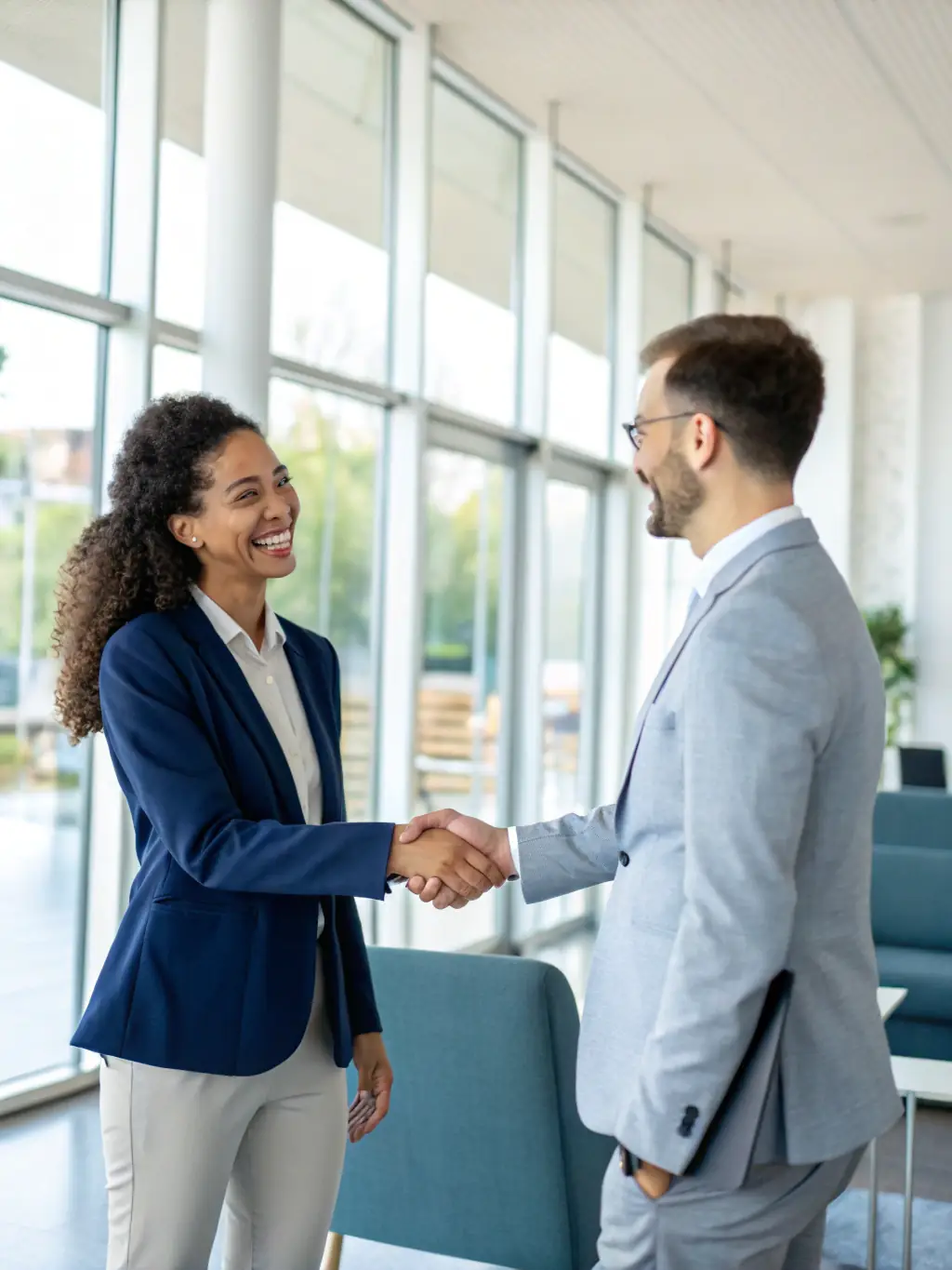 A professional recruiter shaking hands with a job candidate in an office setting, symbolizing successful placement in a European company.