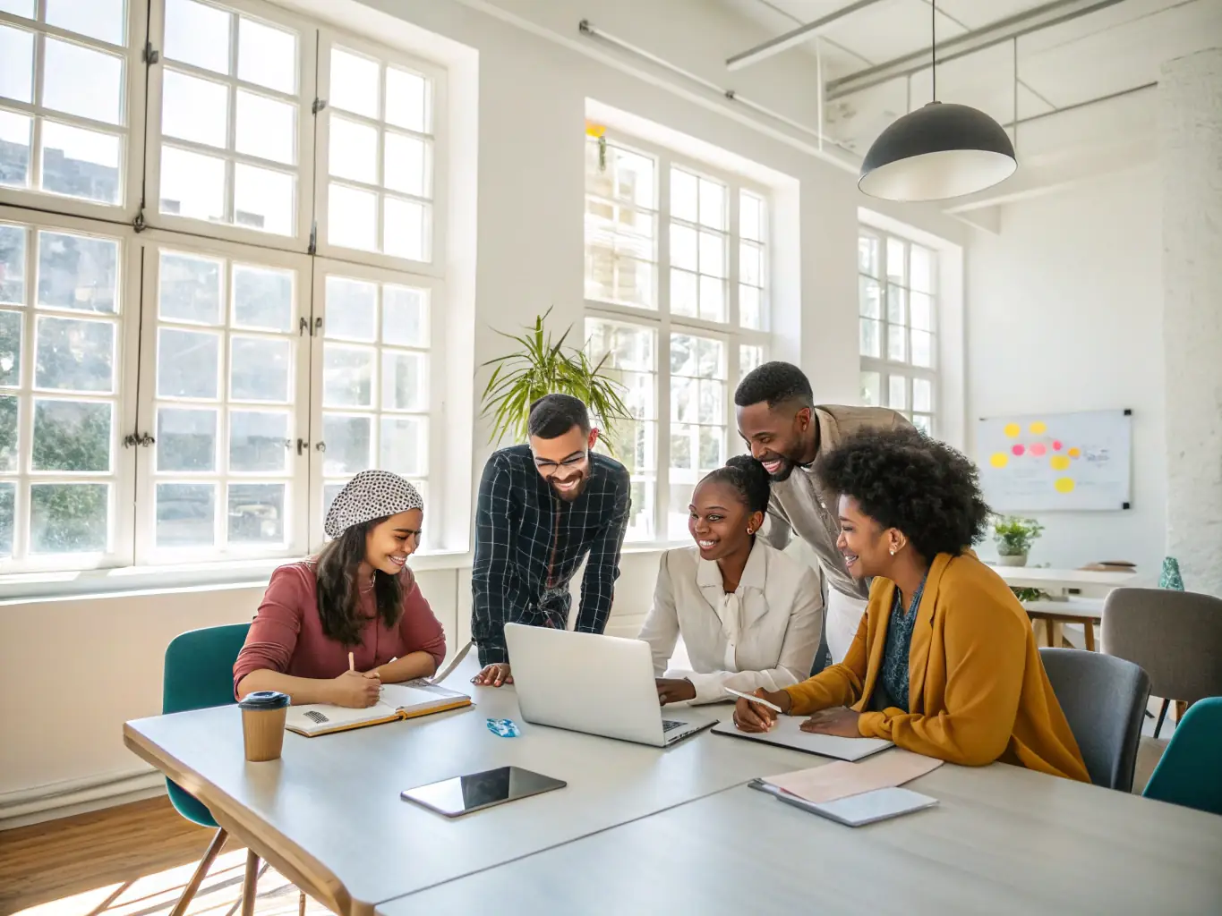 A diverse group of people working together in a modern European office, symbolizing job placement services.
